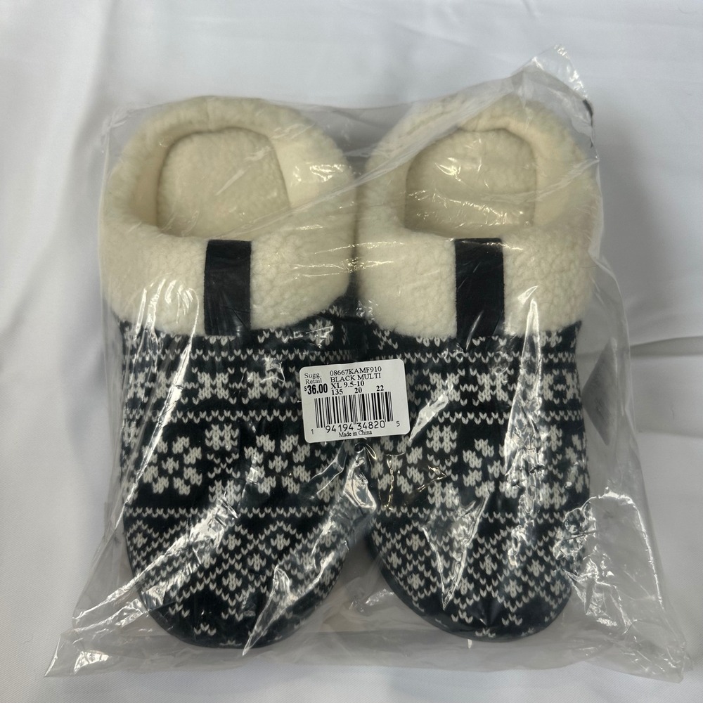 Isotoner Women XL 9.5-10 Black White Fair Isle Knit Memory Foam Slippers NWT